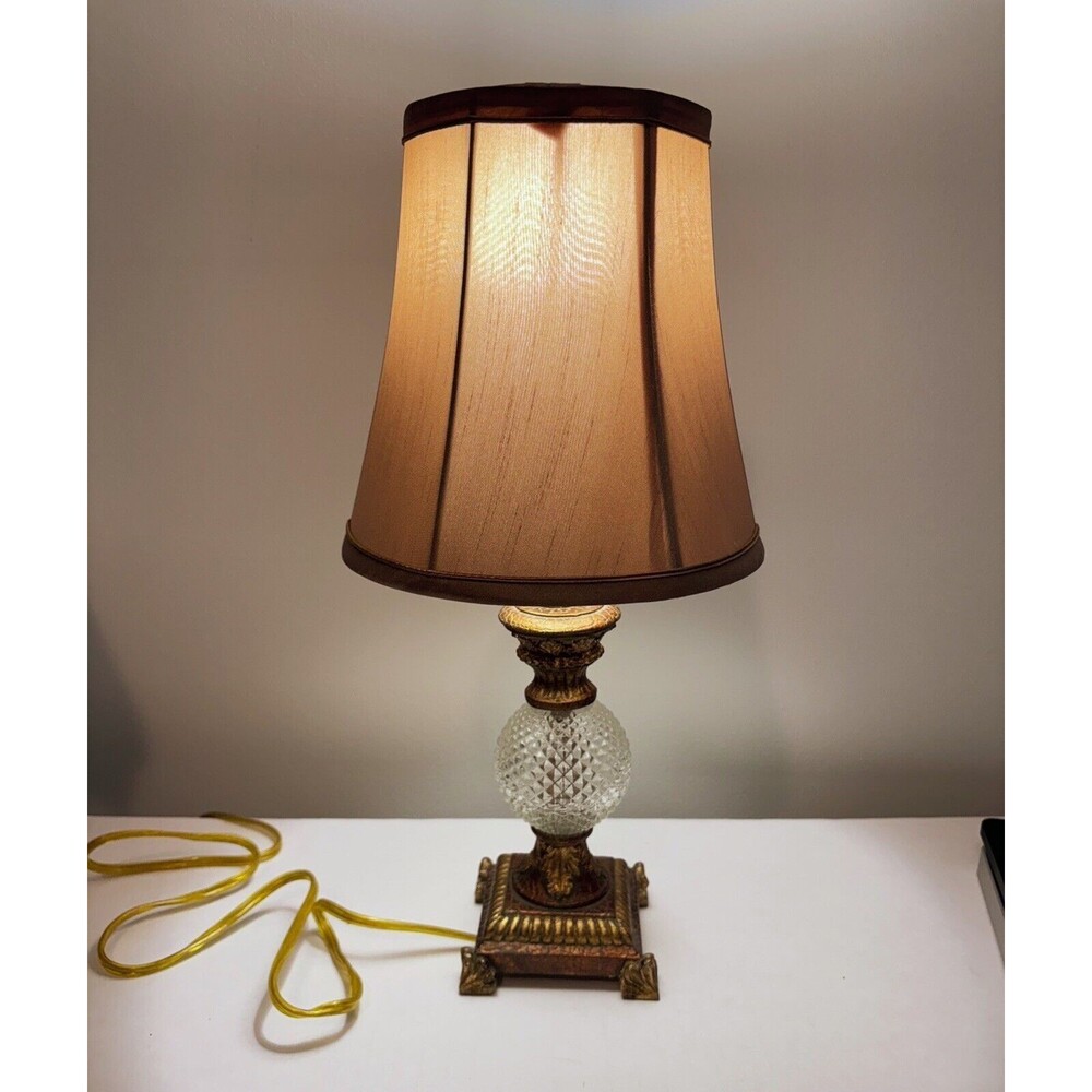 Vintage Berman Lamp with Silk Shade Burnished Gold With Glass